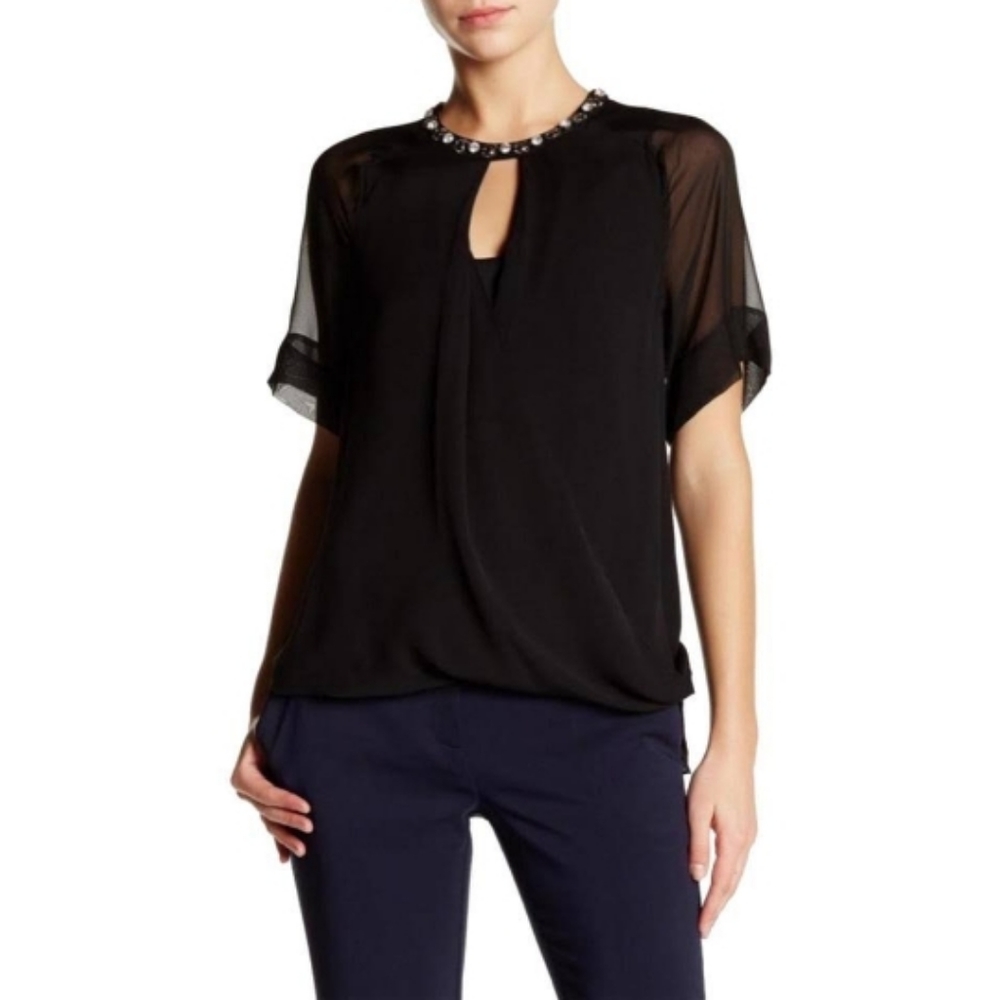 Rebecca Taylor Black Embellished Neck Silk Draped Blouse